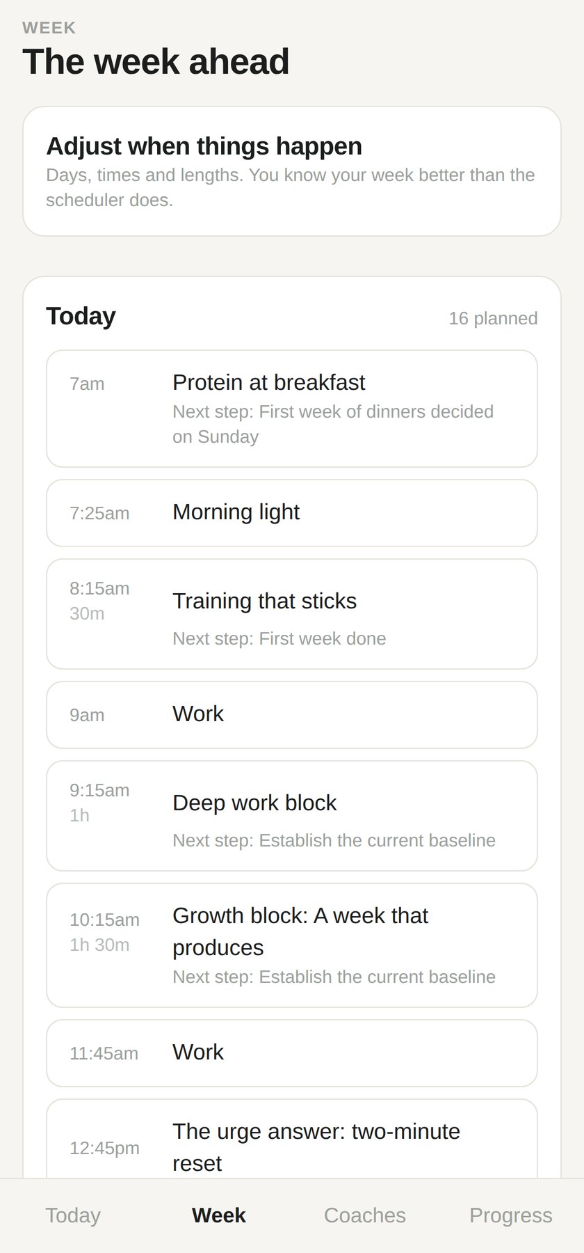 A Monday planned by the app, showing sixteen things placed from 7am