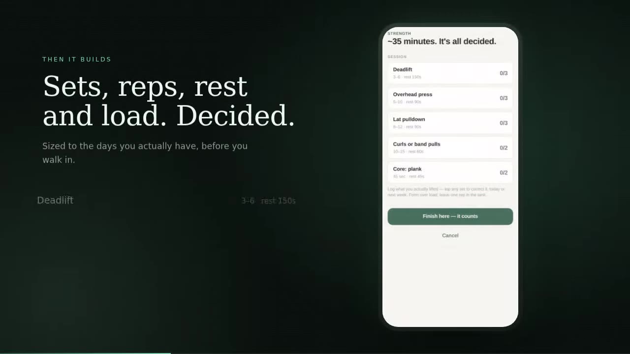 A frame from the film: the line "Sets, reps, rest and load. Decided." beside a session screen listing the day's lifts